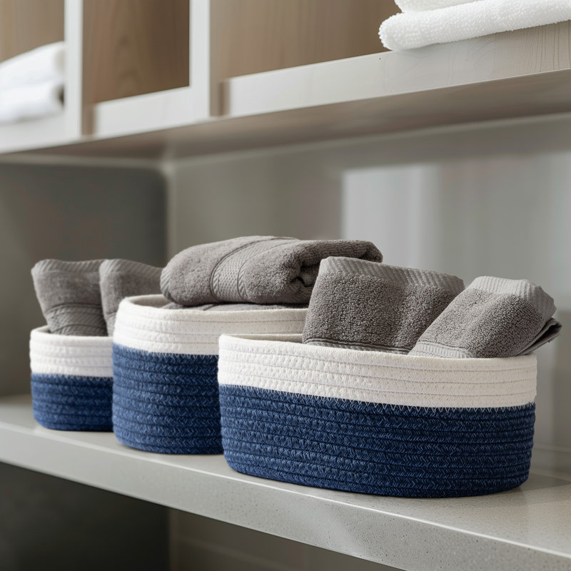 Cot Fabric Box - Set of 3, Blue/White