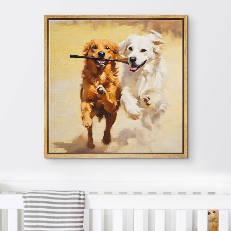 «Joyful Dogs jouer un bâton», reproduction d'art sur toile encadrée, Naturel, H 24 po x l 24 po