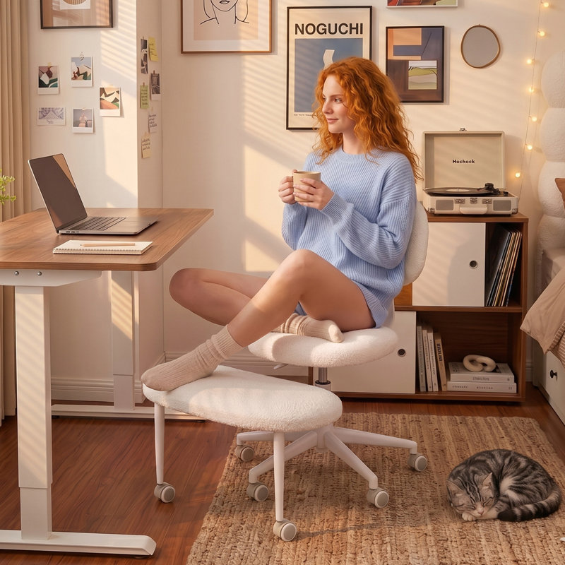 Upholstered Fleece Fabric Office Chair Adjustable Height Ergonomic Desk Chair With Lumbar Support And Wheels, White