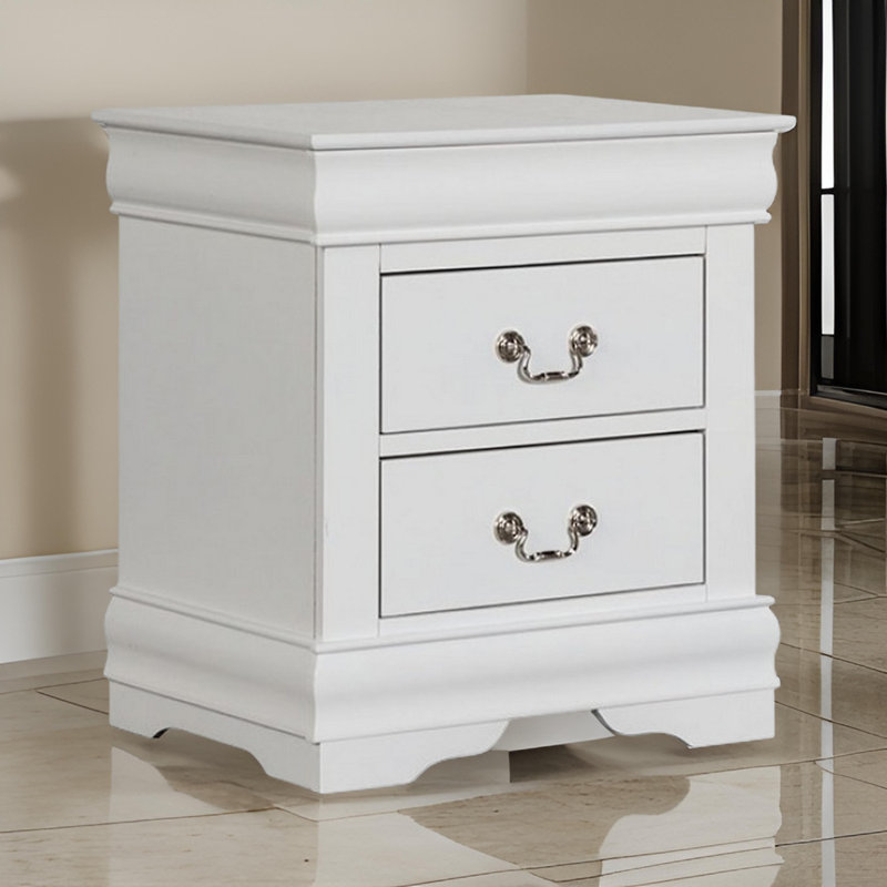 Ryla Nightstand, 2 Drawers, Solid Wood, Nickel Metal Drop Handles, White