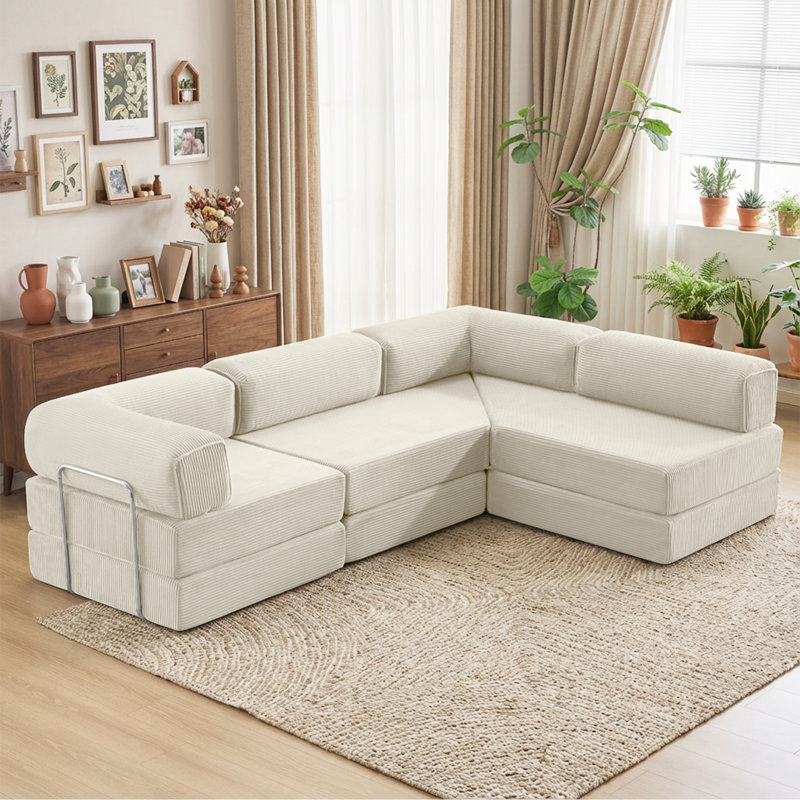 Boneless Modular Convertible Sofa Bed L-Shaped with Reversible Chaise, Upholstered Corduroy Floor Sleeper Couch for Living Room, Bedroom, No Assembly Required