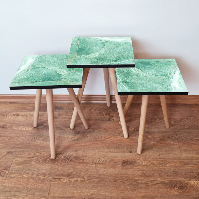 Ensemble de 3 tables gigognes Modernes, marbre vert et blanc, 13,8 po x 20,5 po x 13,8 po | 100% panneau de fibres à densité moyenne avec pieds en bois de hêtre, parfait pour les petits espaces, décoration élégante et fonctionnelle