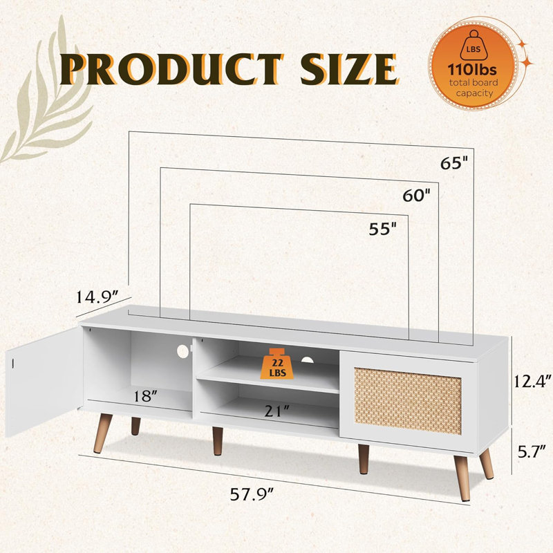 TV Stand For 65 Inch TV, 58" Boho Entertainment Center,  TV Console With 2 Storage Cabinets, White