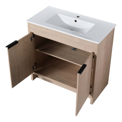 Meuble-lavabo moderne autoportant 36 po, chêne clair, 2 portes à fermeture douce, tablette réglable, armoire à poignées en métal, intérieur