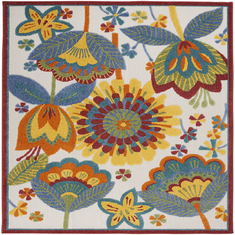 Tapis floral intérieur jaune / bleu / rouge intérieur / extérieur, Rectangle 3 pi 6 po x 5 pi 6 po