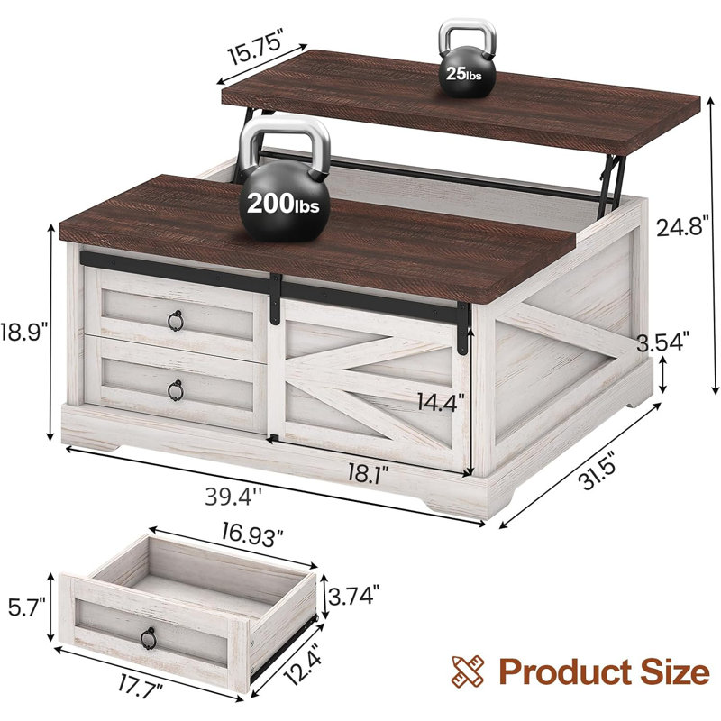 39.4'' Lift Top Coffee Table With Storage, Farmhouse Coffee Tables For Living Room, Walnut, White