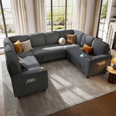 Sherry 106" Corduroy Sleeper Sectional With Storage Chaise & USB Charging