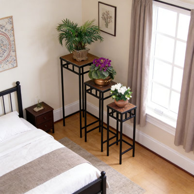 Ensemble de 3 supports à plantes en métal entièrement assemblés avec dessus en ardoise naturelle et tablettes carrées antirouille pour l'intérieur et l'extérieur