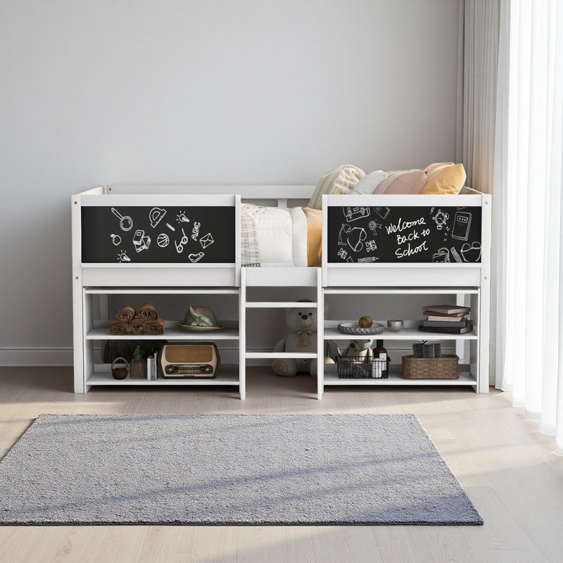 Twin Size Low Loft Bed With Two Movable Shelves And Ladder,With Decorative Guardrail Chalkboard, White