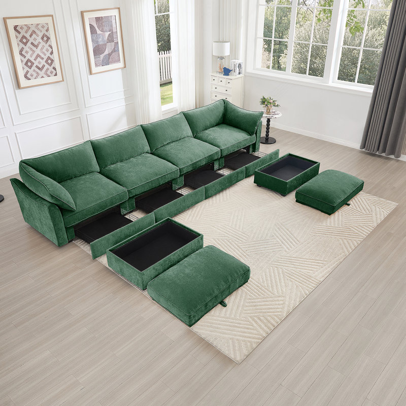 Canapé en U à 4 places avec 2 repose-pieds mobiles, canapé modulaire surdimensionné avec tiroirs de rangement, vert chenille
