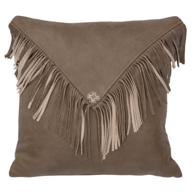 Wooded River Silver Fox Leather Pillow with Fringe- Leather Back