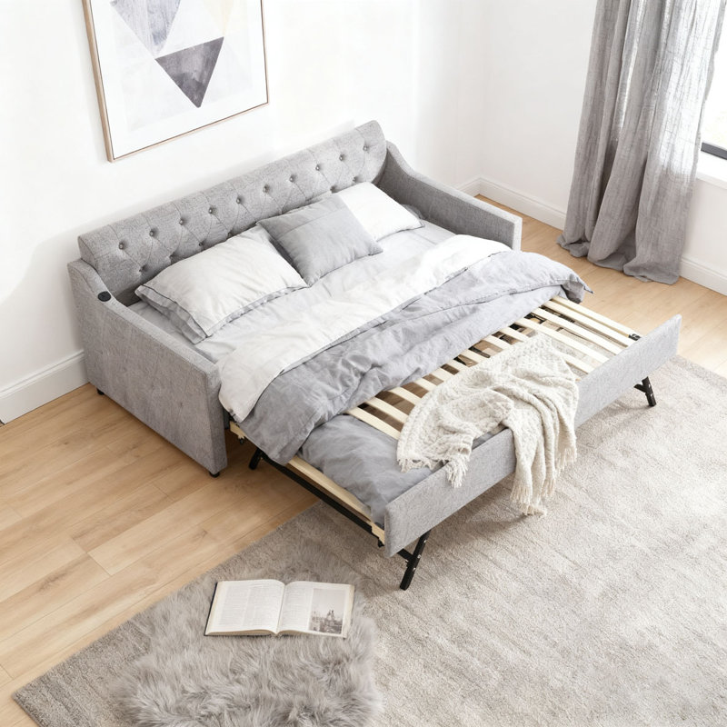 DayBed with Twin Size Erectable Trundle and USB Charging, Gray