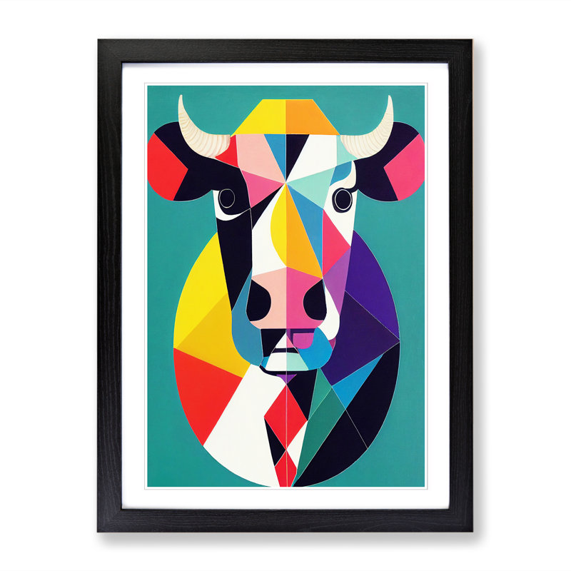 Cow Geometric - Single Picture Frame Print, Black, 64cm H x 46cm W x 2" D