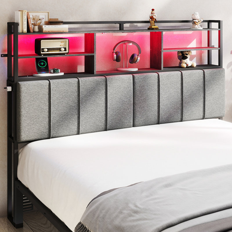 Tête de lit tapissier pour lit double avec tablettes de rangement à 3 niveaux, têtes de lit avec prises, port USB et lumières de type C et à DEL, tête de lit double seulement, hauteur réglable, gris