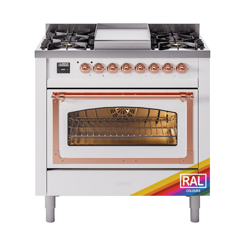 ILVE Nostalgie II Series Noblesse 36 inch Dual Fuel Range (Triple Glass Door, RAL) (Glass Door), Copper, Natural Gas