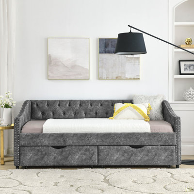 Full Daybed With Drawers Upholstered Tufted Sofa Bed, With Button On Back And Copper Nail On Waved Shape Arms) by Ebern Designs