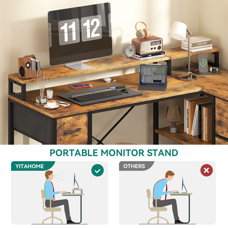 L-Shaped Computer Desk With 4 Drawers, Gaming Desk With Power Outlet And Monitor Stand, Corner Desk, Brown/Black
