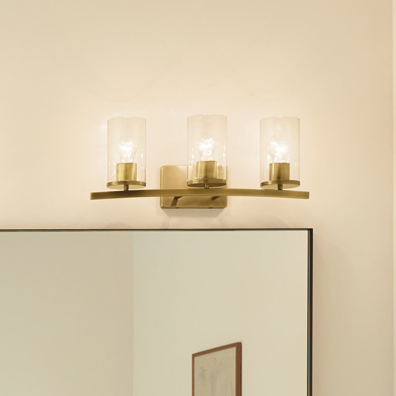 3-Light Natural Brass Bath Vanity Light with Clear Glass Shades, Brass