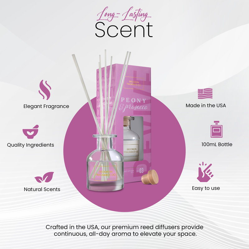 Brooklyn Fragrance Co. Aroma Diffuseur - parfum durable de qualité supérieure - assainisseurs d'air pour les pivoines et les parfums Prosecco - diffuseur de roseaux pour une grande pièce - 100 ml