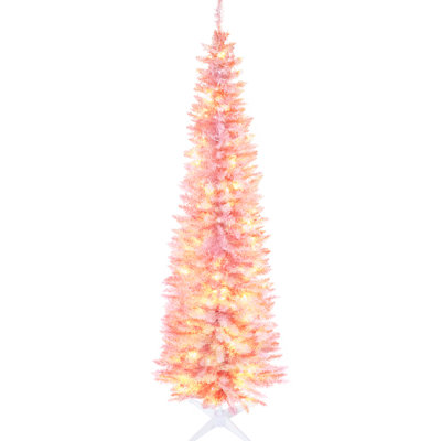 7' Tall Pink Slim Noble Fir Christmas Tree With Flame Retardant Branches, 200 Warm White Led Lights, And Quick Setup For Decor Artificial Low-energy Base, 499 Tips
