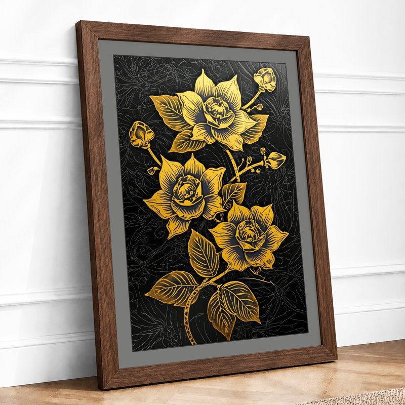 Golden Roses Botanical - Print, Walnut, A1 - 84.1 x 59.4 cm