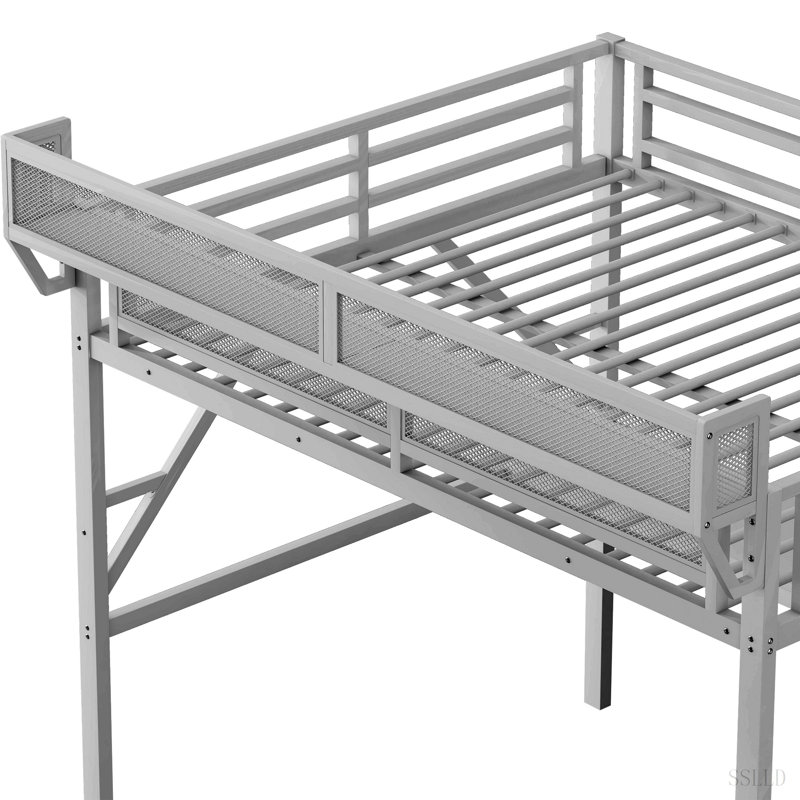 Lit mezzanine avec bureau et station de charge, lit mezzanine en métal avec escalier et lumière pour enfants adolescents