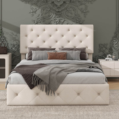 A QueenSized Upholstered Platform Bed Featuring A Hydraulic Lift Storage Mechanism