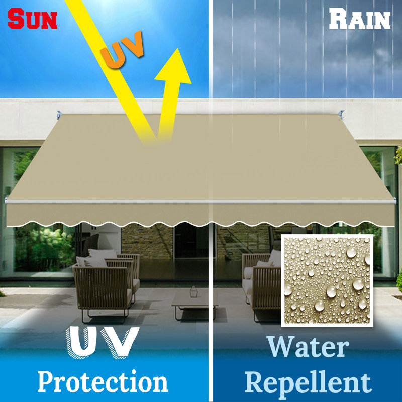 12' x 8' Manual Retractable Home Patio Awning UV Protection Canopy Sunshade, Beige, 5.5" H x 141.7" W x 98" D