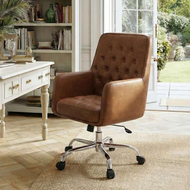 Button Tufted Faux Leather Office Task Chair with Padding, Brown