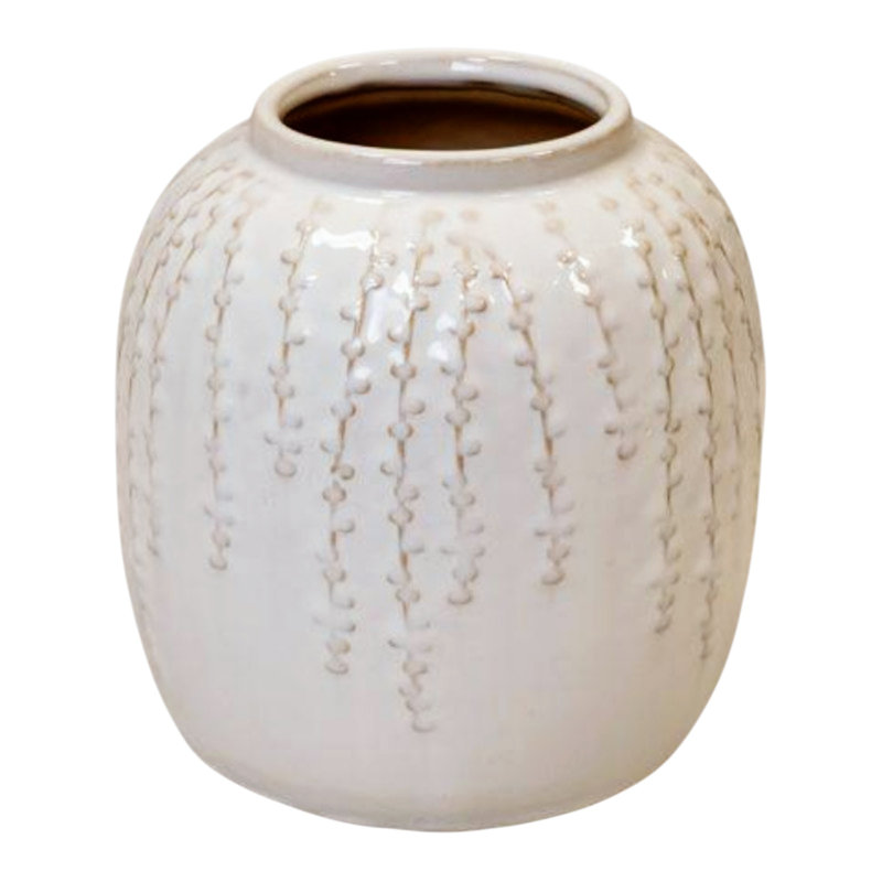 Small Cream Ceramic Ribbed Vase, 18cm H x 18cm W x 18cm D