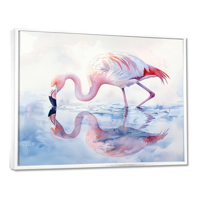 Flamingo Reflections - Art mural flamant pour salon, H 12 po x l 20 po, Cadre flottant, Blanc