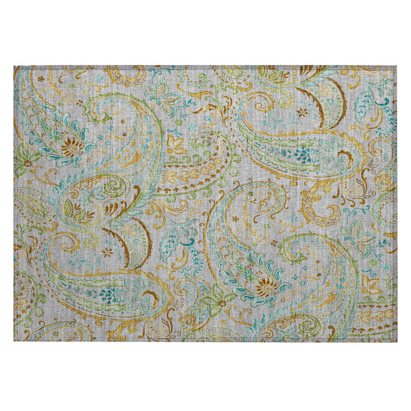 2' X 3' Gray and Gold Paisley Washable Non Skid Indoor Outdoor Area Rug