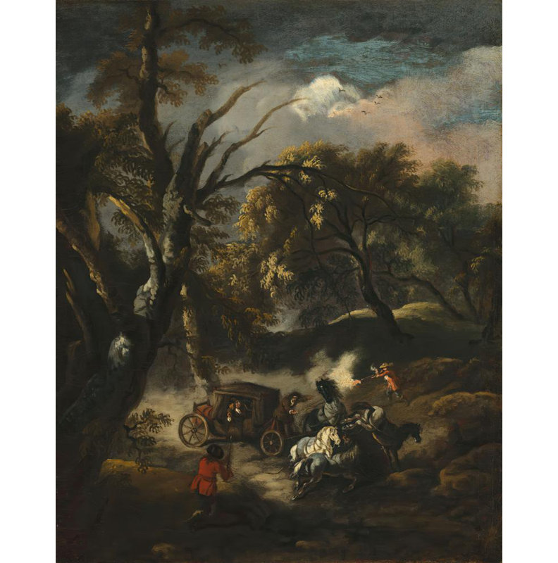 «A Wooded Landscape with Bandits Ambush a Carriot» par Pandolfo Reschi - Art mural sur toile tendue avec châssis