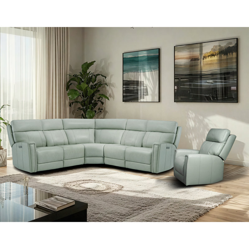 Fauteuil modulaire inclinable électrique en L Emlin, Cuir véritable vert, Bouton poussoir d'alimentation