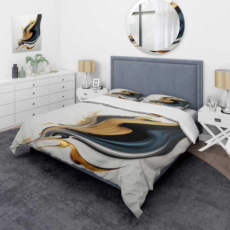 Ensemble de housse de couette en microfibre / polyester noir, blanc et or, Housse de couette pour grand lit et 2 taies décor