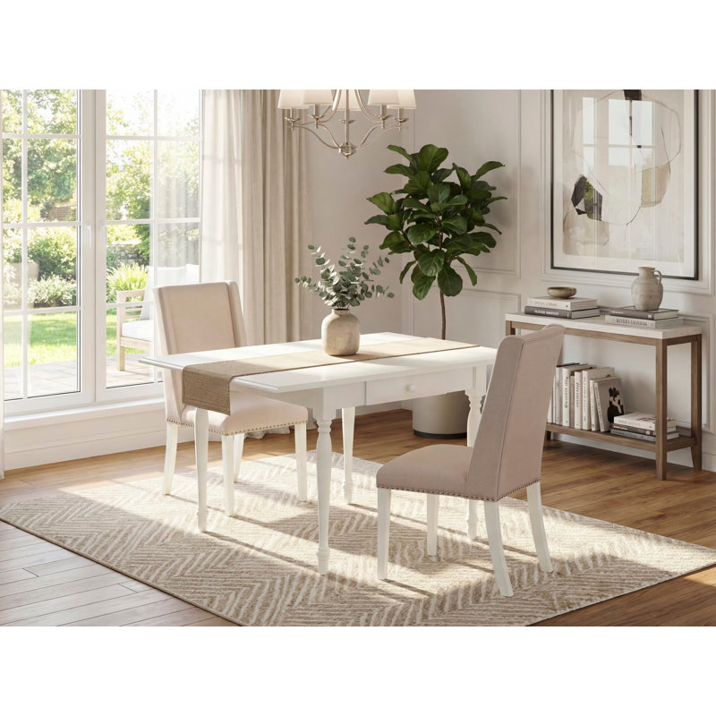L'ensemble de salle à manger 3 pièces contient une table de salle à manger rectangulaire avec Dropleaf et 2 chaises rembourrées en tissu crème, lin blanc