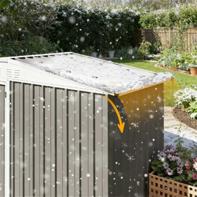 Remise de jardin extérieure en métal gris chaud avec supports de rangement à 2 niveaux, porte et évents verrouillables, toit incliné anti-UV, capacité de charge de neige de 6,14 lb / pi²