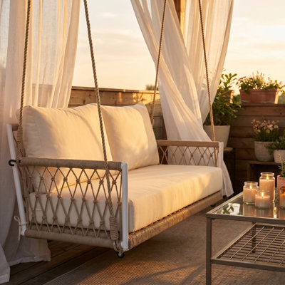Canapé-lit d'extérieur en corde tissée pour 2 personnes - Structure en fer robuste avec coussins moelleux pour patio, jardin ou balcon