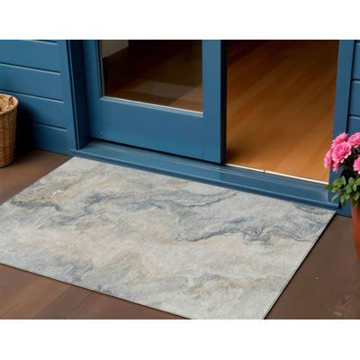 Tapis extérieur lavable abstrait beige kaki et gris 3 pi x 5 pi