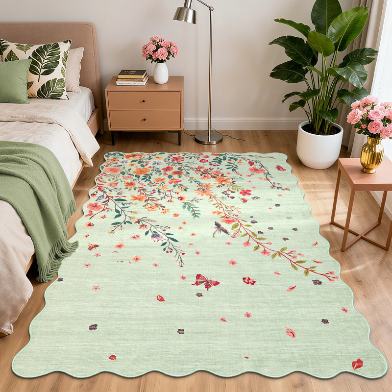 Floral Area Rugs for Living Room Bedroom, Non Slip Washable Rugs, Low Pile Stain Resistant Butterfly Carpet, Indoor Foldable Floor Mats for Dining Room, Nursery, Playroom