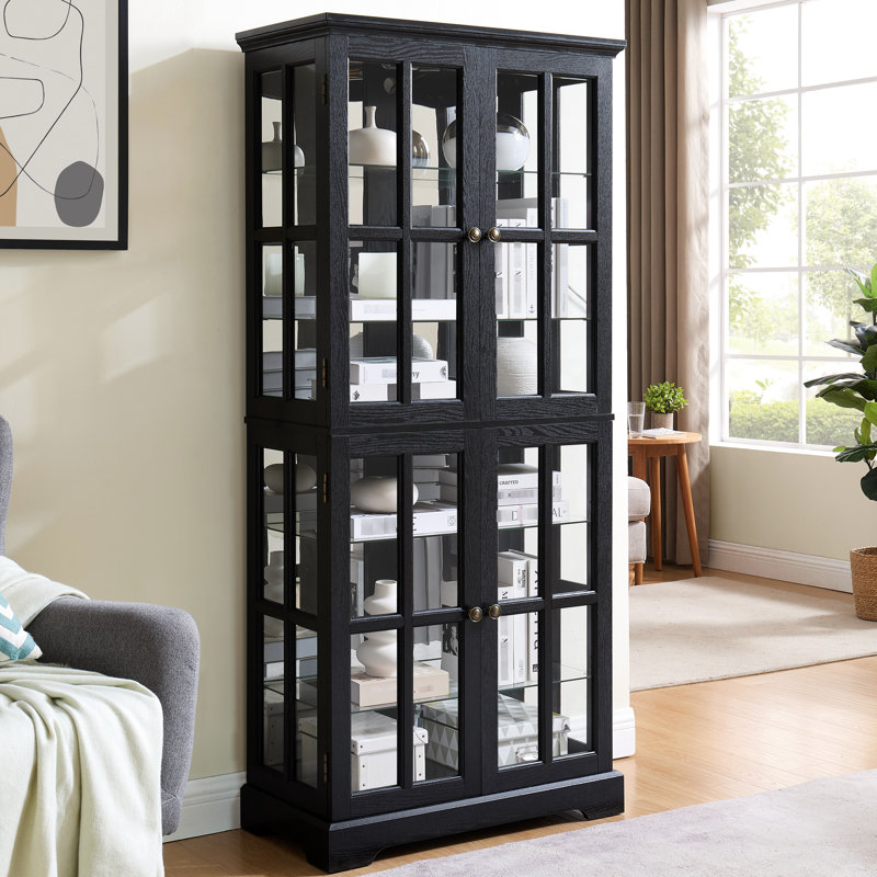 Vintage Black Glass High Cabinet With Classic Grid Design, Adjustable Shelf Space, And Included Lighting For Living Room Showcase Collectibles Storage Metal Handles, Integrated Dining Area Decor
