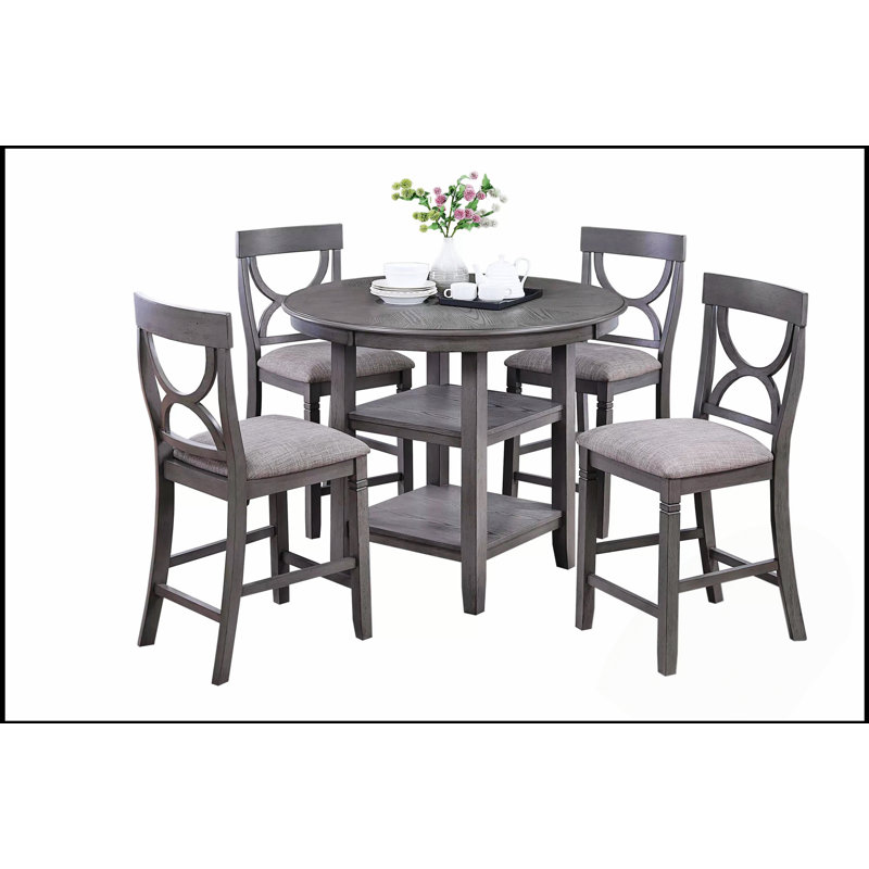 Table de salle à manger à hauteur de comptoir avec tablette de rangement et 4 chaises rembourrées, dossier unique pour les cuisines et les salles à manger modernes