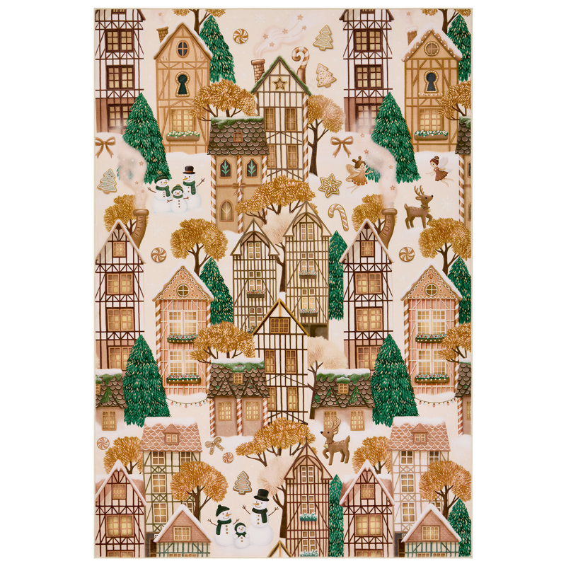 Tapis imprimé lavé et plié à l'envers inférieur, Noël Ville de Noël, Coffee, 2*6