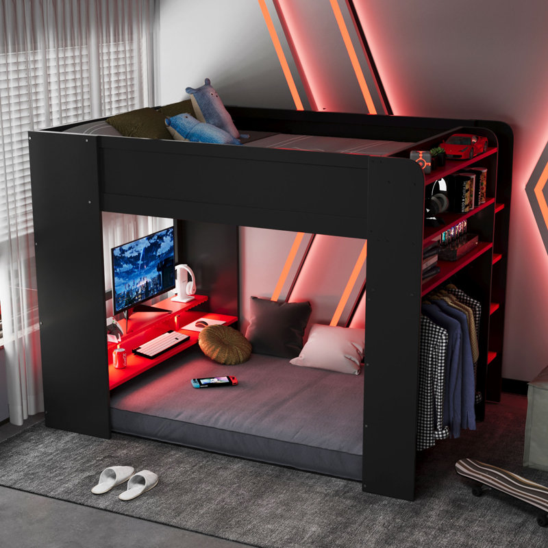 Lit mezzanine double avec bureau réglable éclairé, armoire ouverte et bibliothèque, Noir/rouge