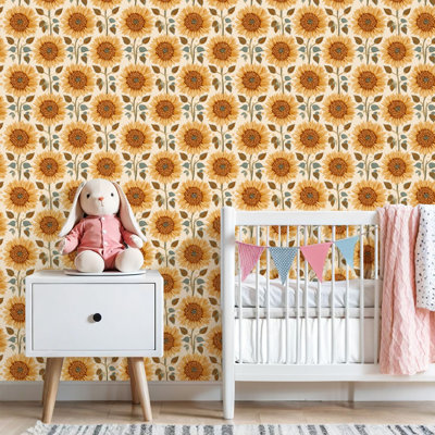 Peel and Stick Wallpaper Seamless Vintage Sunflower Beige Blue Accents Contact Paper Removable Self Adhesive Wall Mural Wall Decor for Bedroom Kitchen Cabinets 24in x 118in