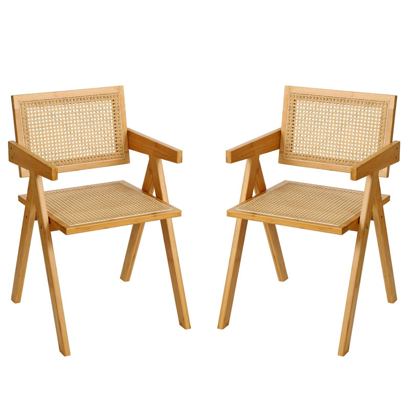 Rattan Dining Chairs Set Of 2, Modern Mid Century Dining Chairs With Arms, Wood