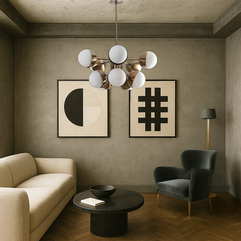 Lustre spoutnik en métal, 10 lumières, Or / blanc, H 29,5 po x l 26,8 po x P 26,8 po