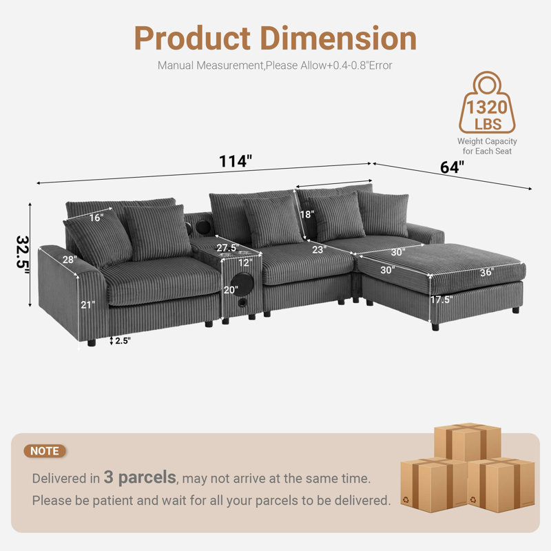 114" L-Shape Corduroy Sectional Sofa with Moveable Ottoman, Console with Bluetooth Speaker, USB & Wireless Charging, Storage and Cup Holders, Grey