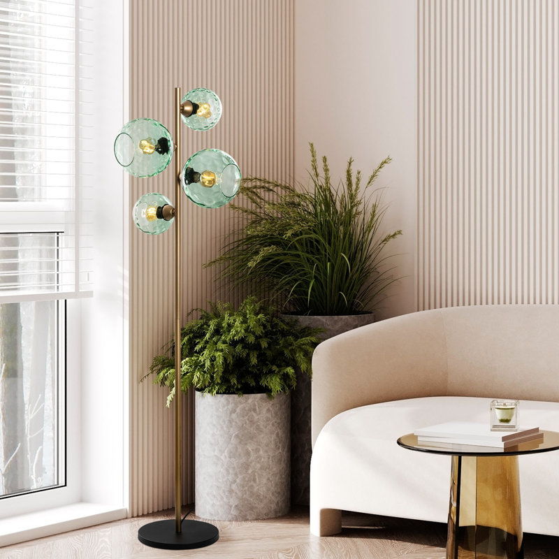 Lampe sur pied élégante avec corps en métal et capuchon en verre, finition dorée, 13,8 x 13,8 x 65,0 pouces | 4 x douilles E27 (40 W maximum) | Design élégant et glamour pour le salon et la chambre à coucher - solution d'éclairage parfaite (ampoule non incluse)