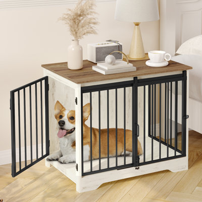 Dog Crate Furniture, Double Door Wooden Dog Crate with Barn Door, Indoor Kennel, End Side Table Animal Crates for Small Medium Large Dogs, Anti-Chew Anti-Escape